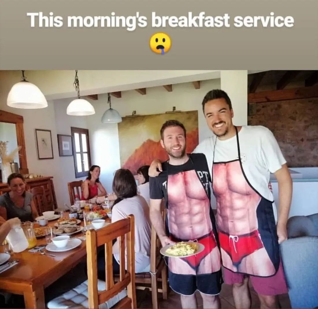 Serving breakfast at a retreat, aprons included